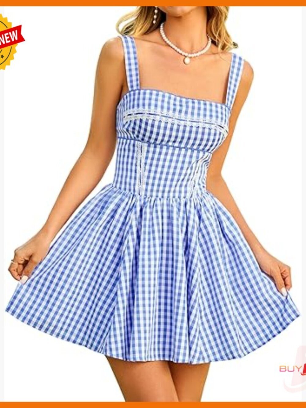 Summer Gingham Mini Dress Corset Square Neck Lace Up Casual Sundress